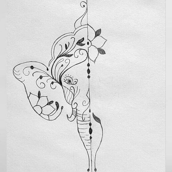 Handmade sketch tattoo artwork on sketch paper -floral elephant - Picture 2 of 2